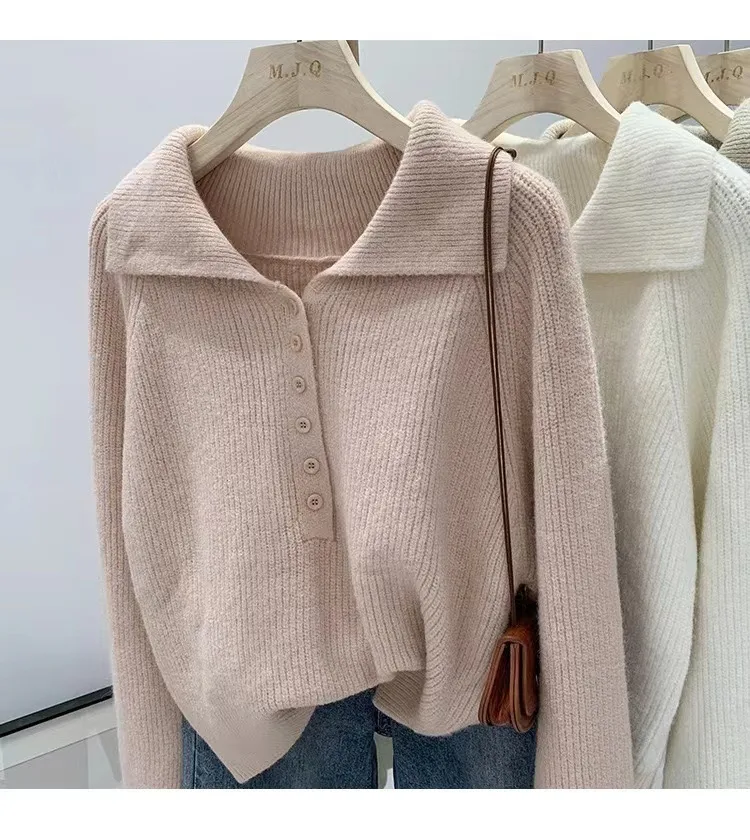 Loose Solid Color Long Sleeve Polyester Women's Pullover Sweater with Button Detail