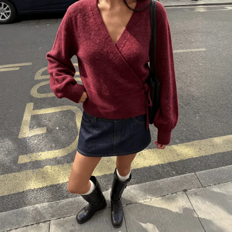 Solid Color Long Sleeve Polyester Sweater with V Neck and Tie Closure, Commute Style