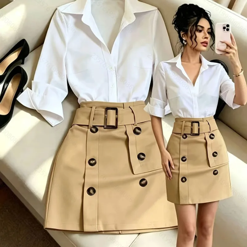Solid Color Skirt Co-ord Set in Polyester Featuring a Slim Fit Blouse with Regular Sleeves for Commute