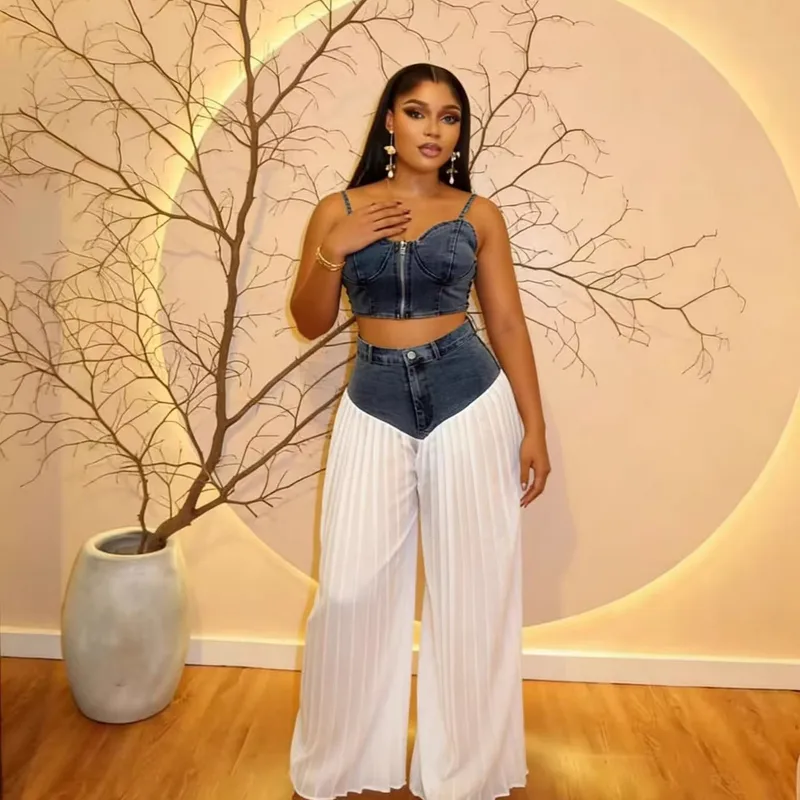 Women's Sleeveless Pleated Contrast Collar Leisure Suit