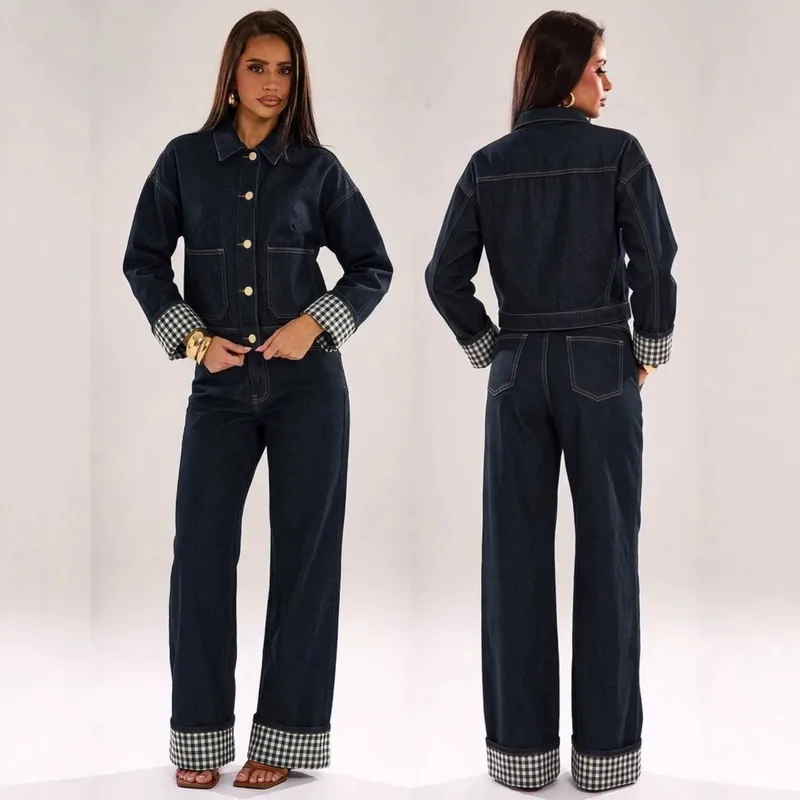 Plaid Denim Pant Co-ord Set with Vintage Style Washed Coat featuring Lapel Collar, 2 Pieces Set