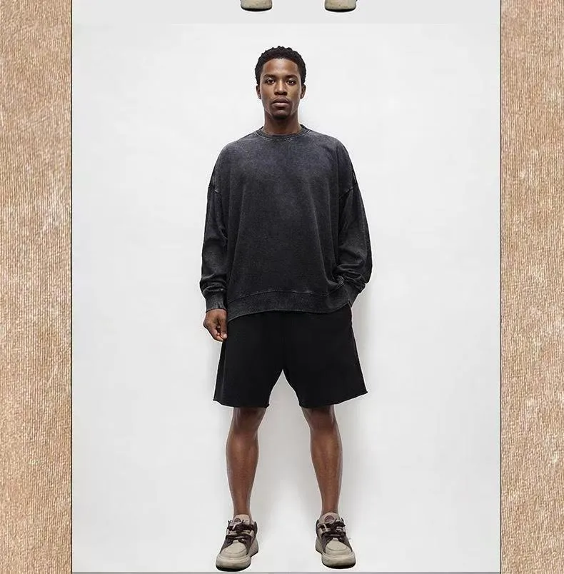 Men's Vintage Style Dyed Black Solid Color Hoodie with Long Sleeve Cotton Fabric