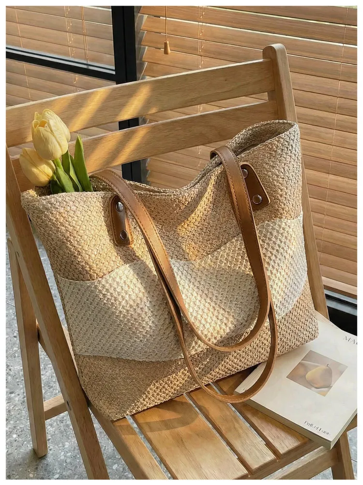 Women’s Square Straw Bag with Braid Design Featuring Single Shoulder Strap, Perfect for Spring & Summer