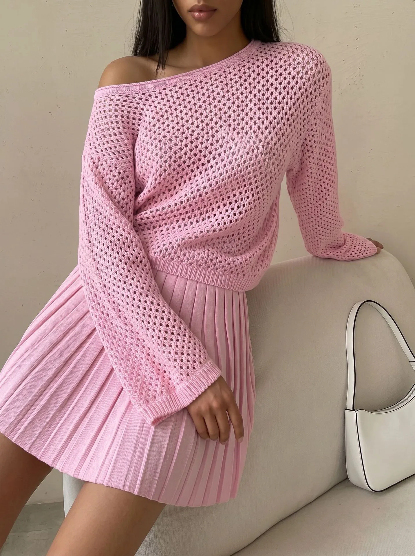 Solid Color Casual Long Sleeve Polyester Skirt Co-ord Set Featuring Hollow Out Design, 2 Pieces Set