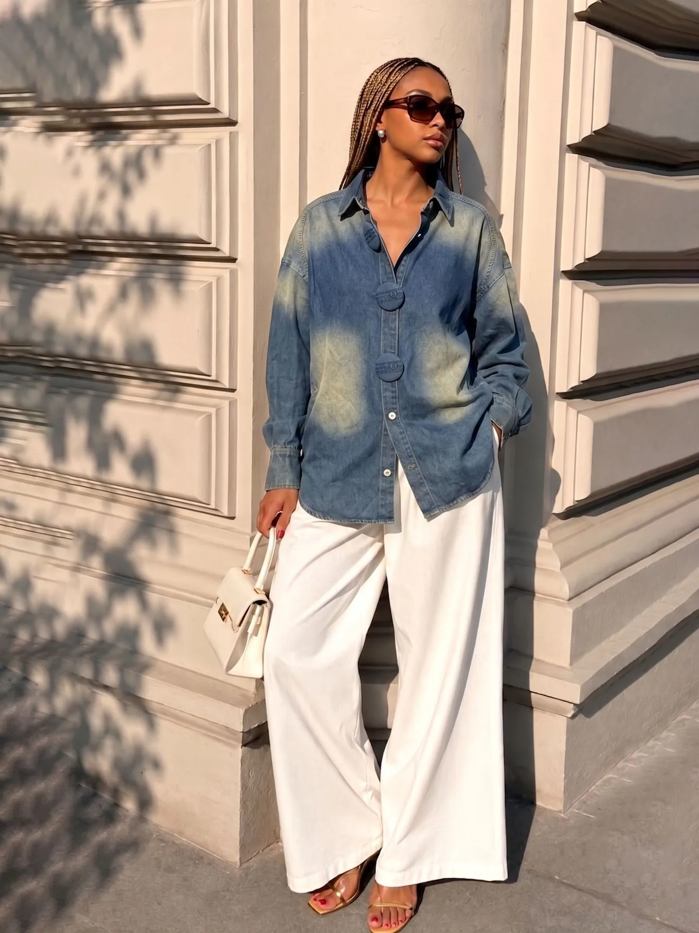 Vintage Style Ombre Denim Midi Dress with Long Sleeve and Lapel Neckline, Washed Finish